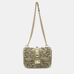 Valentino Olive Green Leather Small Rockstud Glam Lock Crystals Flap Bag, Shoulder Bags - Luxury Closet catalog