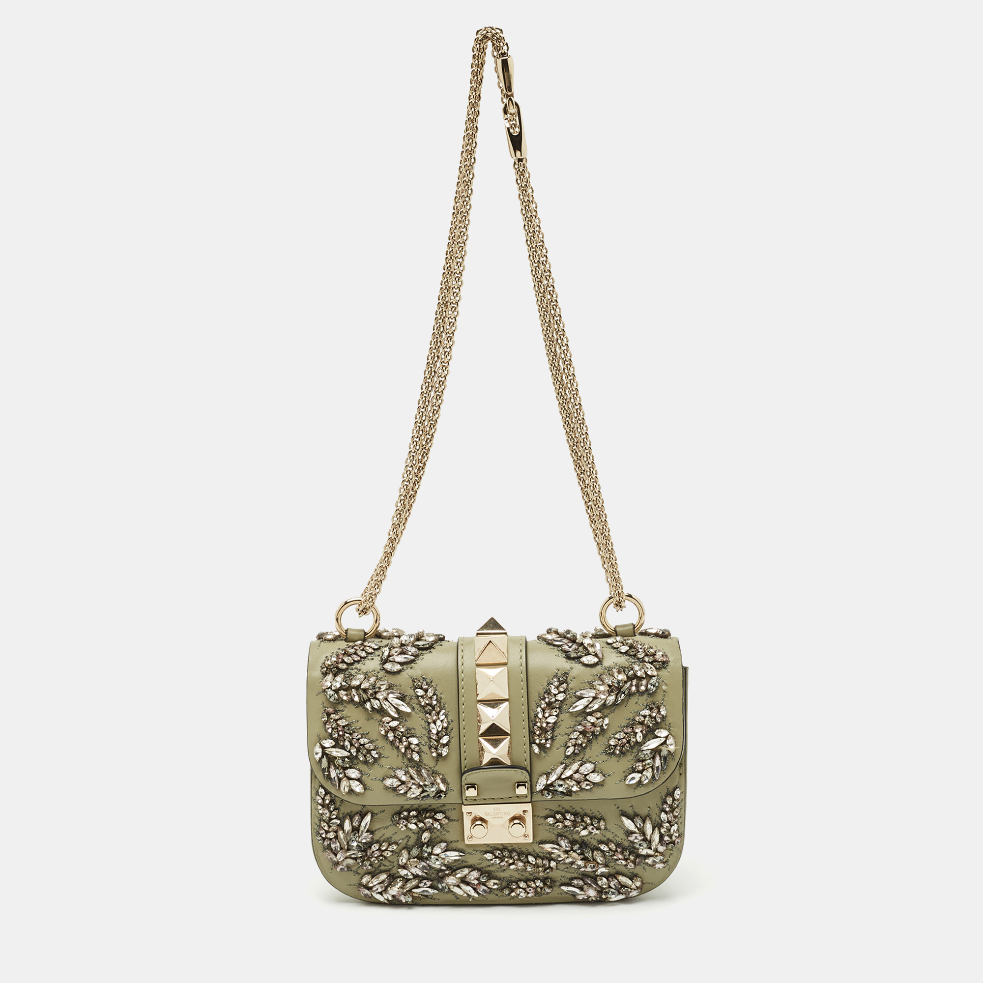 Valentino Olive Green Leather Small Rockstud Glam Lock Crystals Flap Bag, Shoulder Bags - Luxury Closet catalog