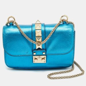 Valentino Metallic Blue Leather Small Rockstud Glam Lock Flap Bag, Shoulder Bags - Luxury Closet catalog