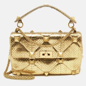 Valentino Gold Watersnake Leather Roman Stud Top Handle Bag, Satchels - Luxury Closet catalog