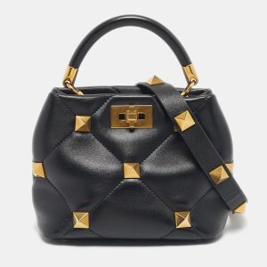 Valentino Black Quilted Leather Small Roman Stud Top Handle Bag, Satchels - Luxury Closet catalog