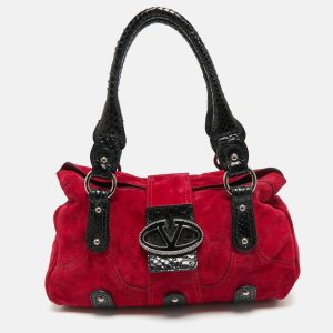 Valentino Red/Black Suede and Snakeskin VRing Crystals Shoulder Bag, Shoulder Bags - Luxury Closet catalog