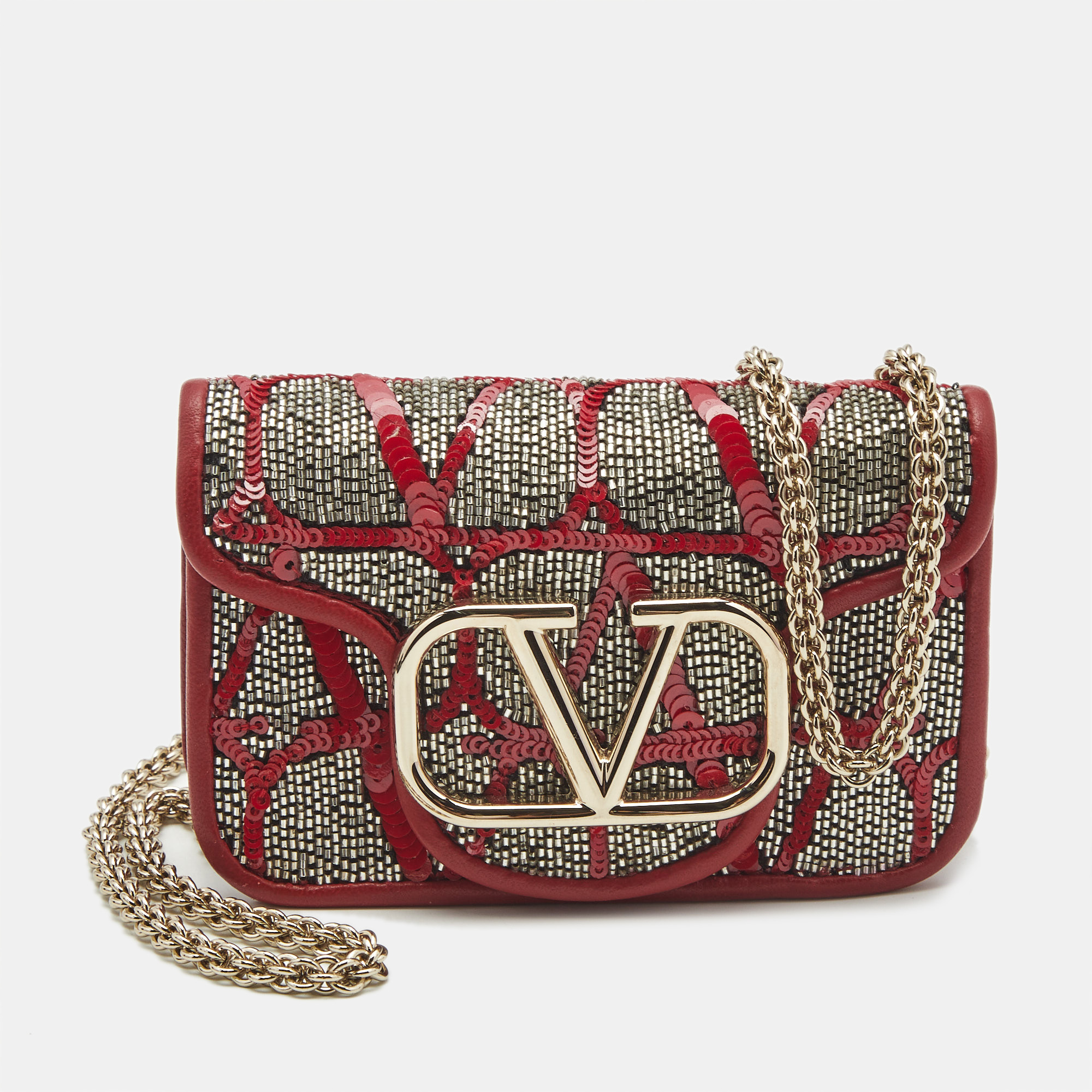 Valentino Red Beads and Sequins Micro Loco Chain Bag, Shoulder Bags - Luxury Closet catalog
