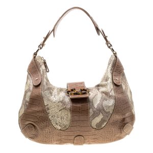 Valentino Beige Croc Embossed Leather and Python Print Canvas Hobo, Shoulder Bags - Luxury Closet catalog