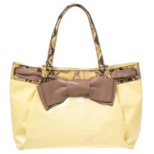 Valentino White/Brown Patent Leather and Python Large Aphrodite Bow Bag, Tote Handbags - Luxury Closet catalog