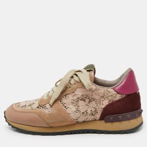 Valentino Beige/Pink Floral Lace and Leather Rockrunner Low Top Sneakers Size 35, Athletic Shoes & Sneakers - Luxury Closet catalog