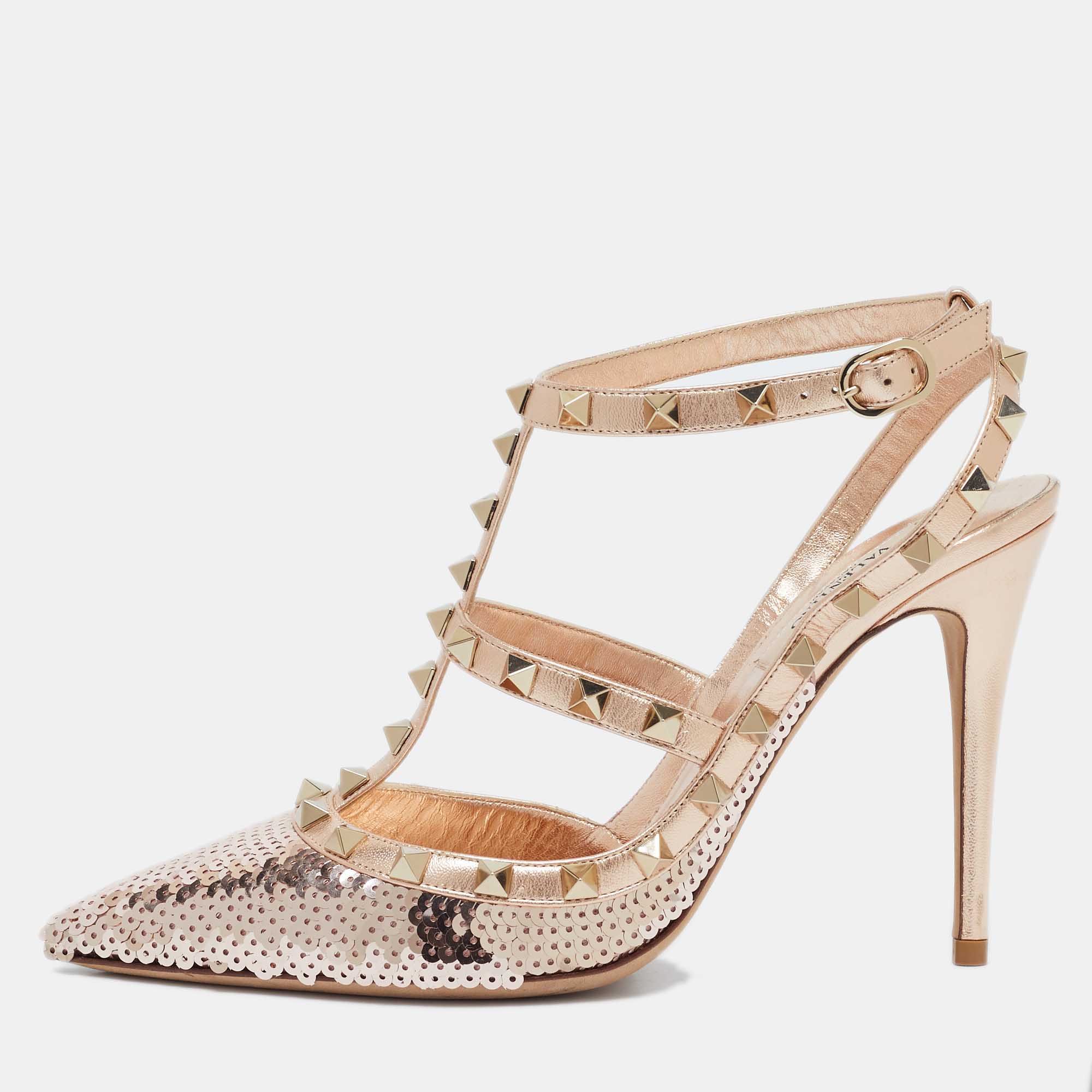 Valentino Rose Gold Sequins and Leather Rockstud Ankle Strap Pumps Size 39, Pumps - Luxury Closet catalog