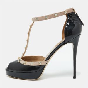 Valentino Black/Beige Patent Leather Rockstud Platform Peep Toe Pumps Size 39.5, Pumps - Luxury Closet catalog