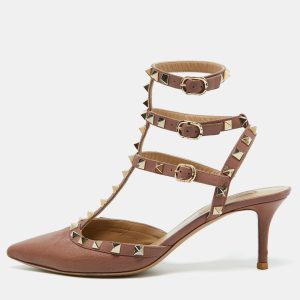 Valentino Dusty Rose Pink Leather Rockstud Ankle Strap Pumps Size 38.5, Pumps - Luxury Closet catalog
