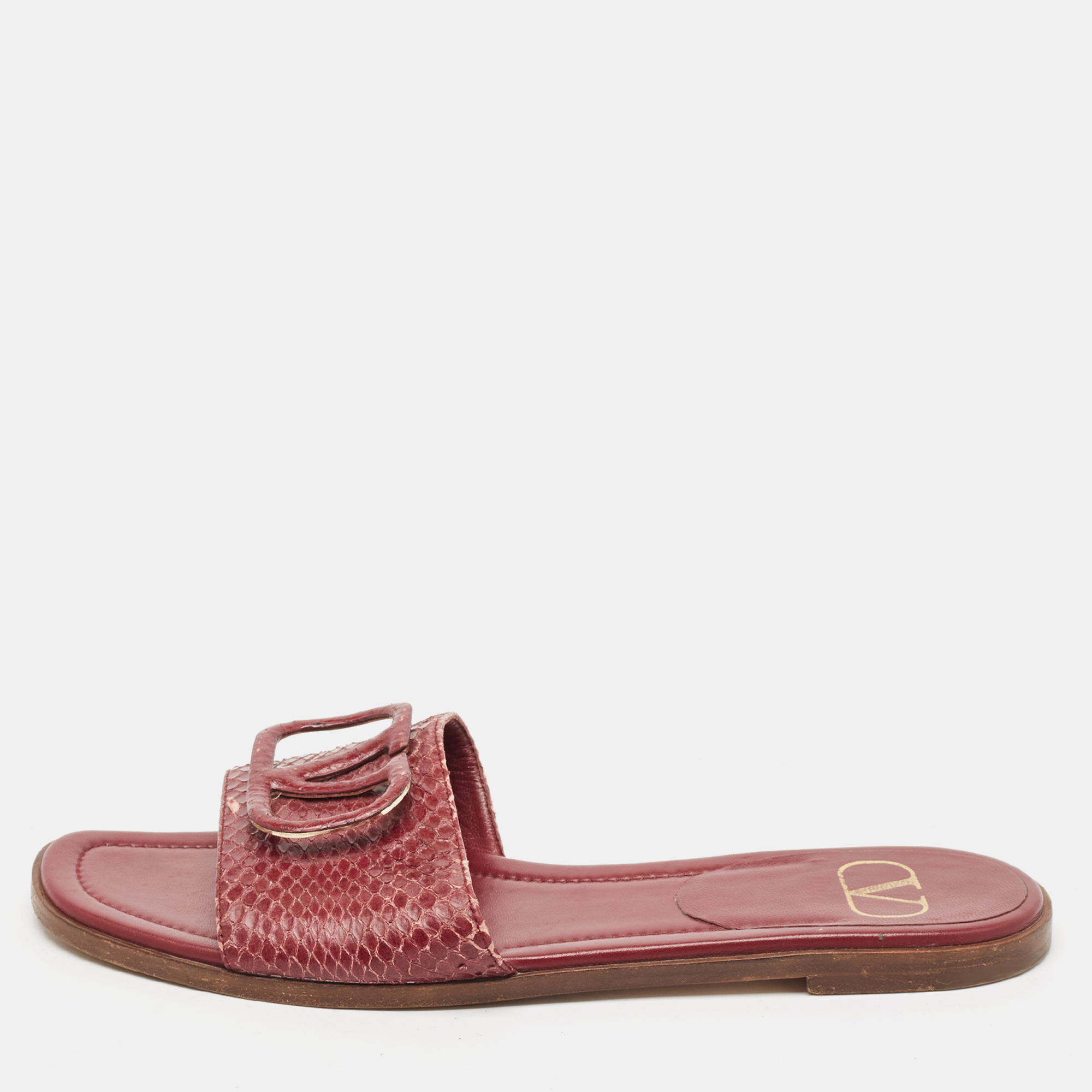Valentino Burgundy Python Leather Escape V logo Flat Slides Size 38, Sandals - Luxury Closet catalog