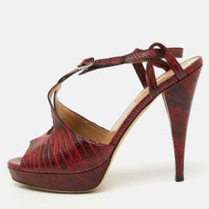 Valentino Red/Black Lizard Leather Ankle Strap Platform Sandals Size 38.5, Sandals - Luxury Closet catalog
