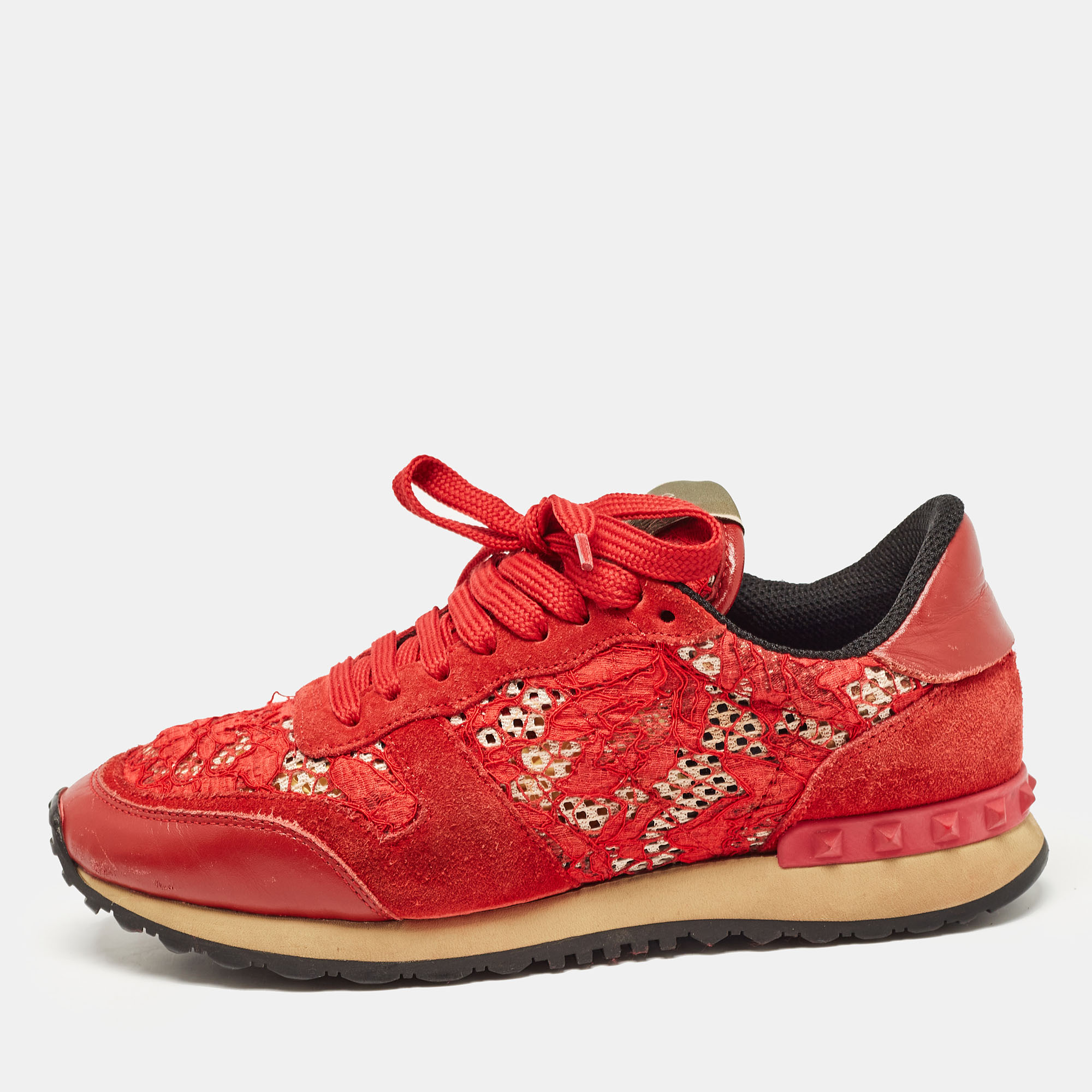 Valentino Red Lace and Suede Rockrunner Lace Up Sneakers Size 37.5, Athletic Shoes & Sneakers - Luxury Closet catalog