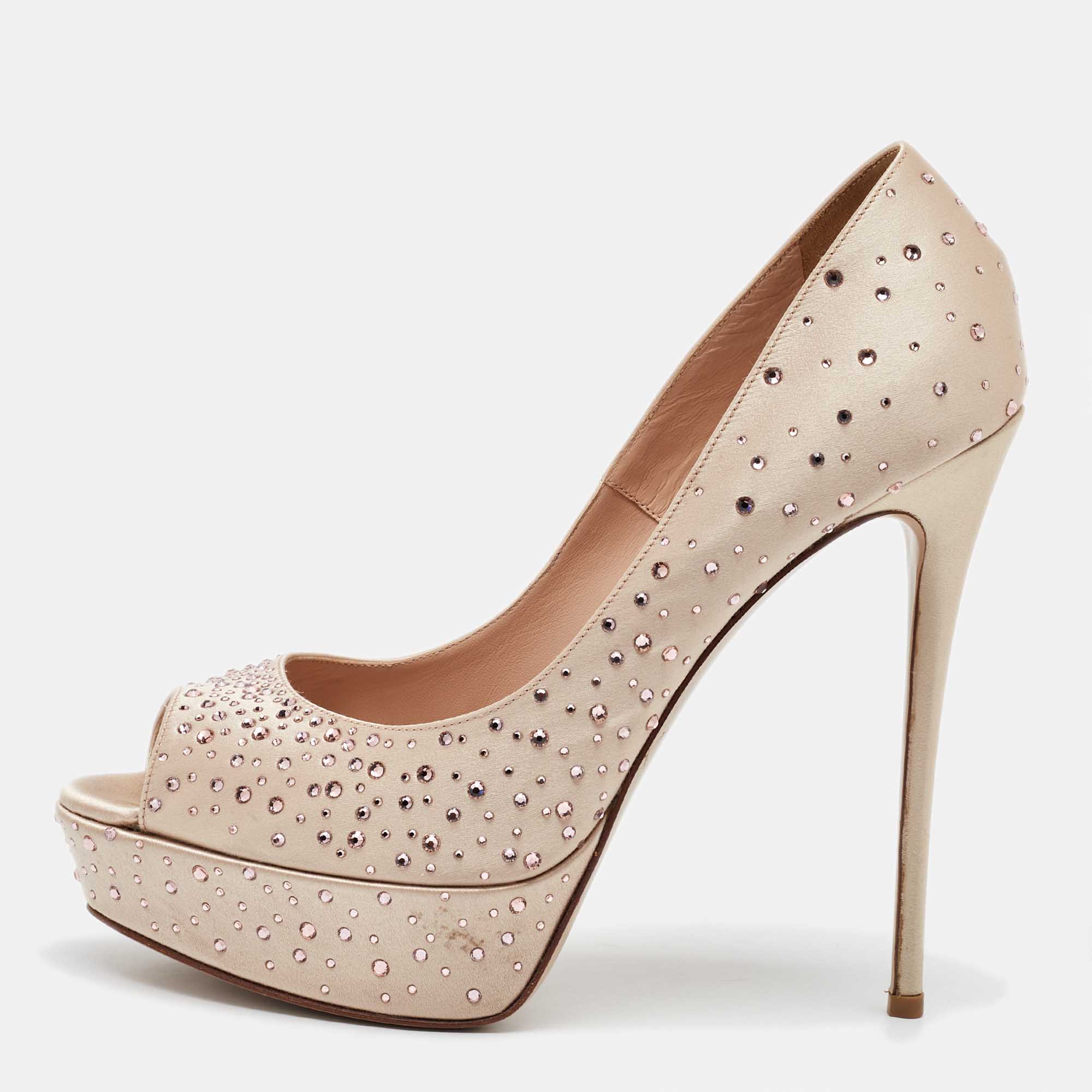Valentino Beige Crystal Embellished Satin Peep Toe Platform Pumps Size 40, Pumps - Luxury Closet catalog