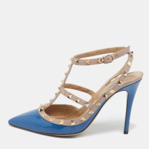 Valentino Blue/Beige Patent and Leather Caged Rockstud  Ankle Strap Pumps Size 39, Pumps - Luxury Closet catalog