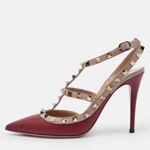 Valentino Red/Pink Leather Rockstud Strappy Pointed Toe Pumps Size Size 39, Pumps - Luxury Closet catalog
