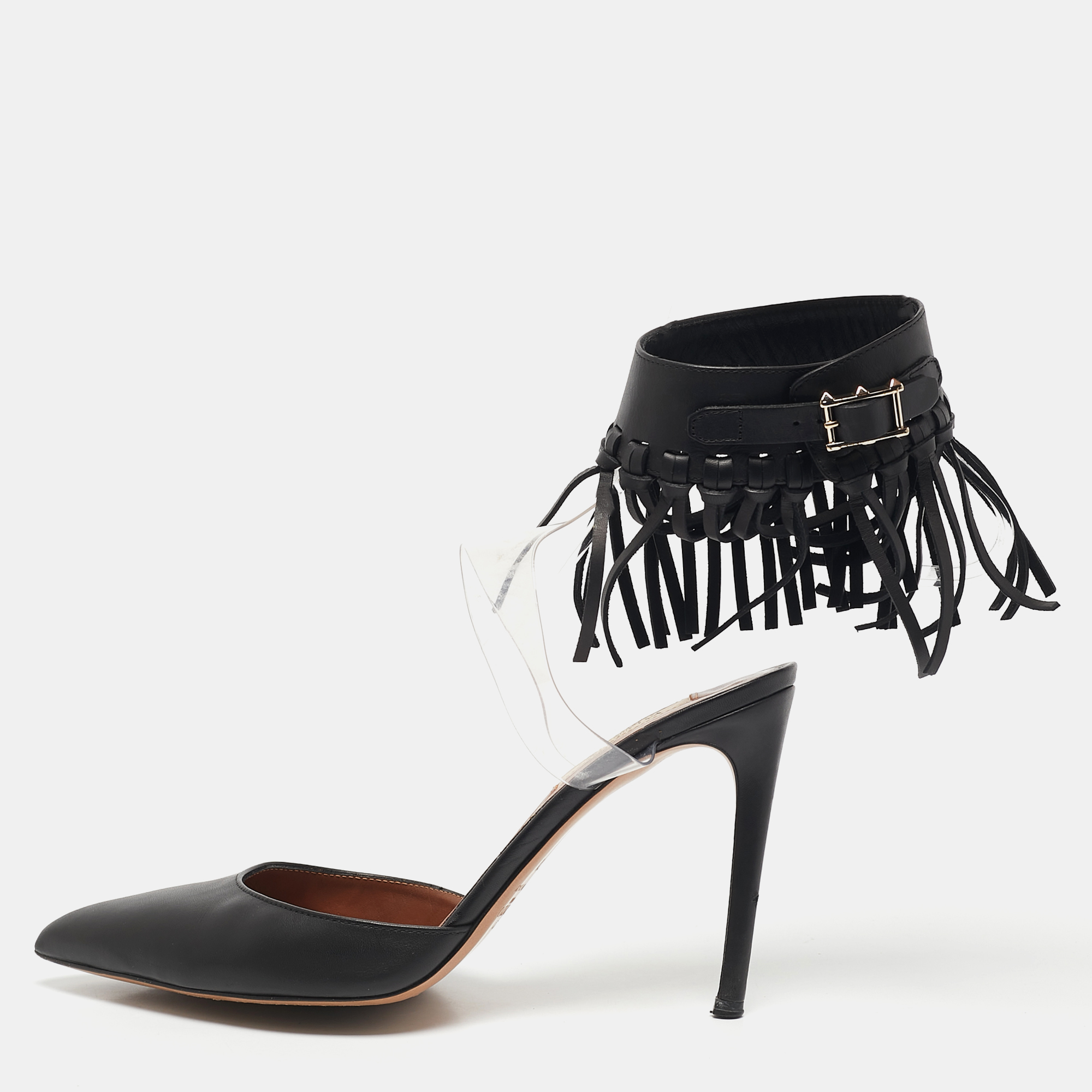 Valentino Black Leather and PVC C-Rockee Fringe Ankle Wrap Pumps Size 37.5, Pumps - Luxury Closet catalog