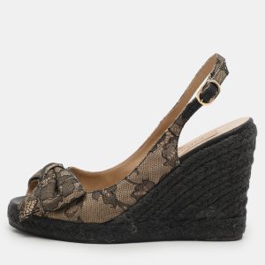 Valentino Black/Beige Lace Bow Slingback Wedge Espadrille Sandals Size 36.5, Sandals - Luxury Closet catalog
