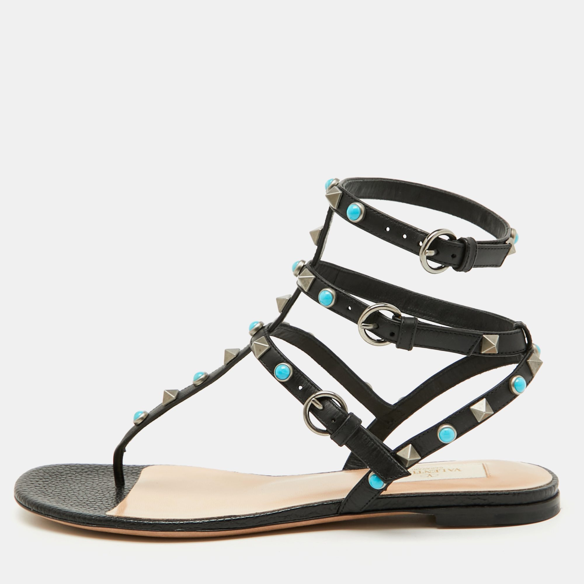 Valentino Black Leather Rolling Rockstud Ankle Strap Flat Sandals Size 38.5, Sandals - Luxury Closet catalog