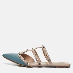 Valentino Beige/Blue Leather Pointed Toe Rockstud Flat Mules Size 39.5, Sandals - Luxury Closet catalog