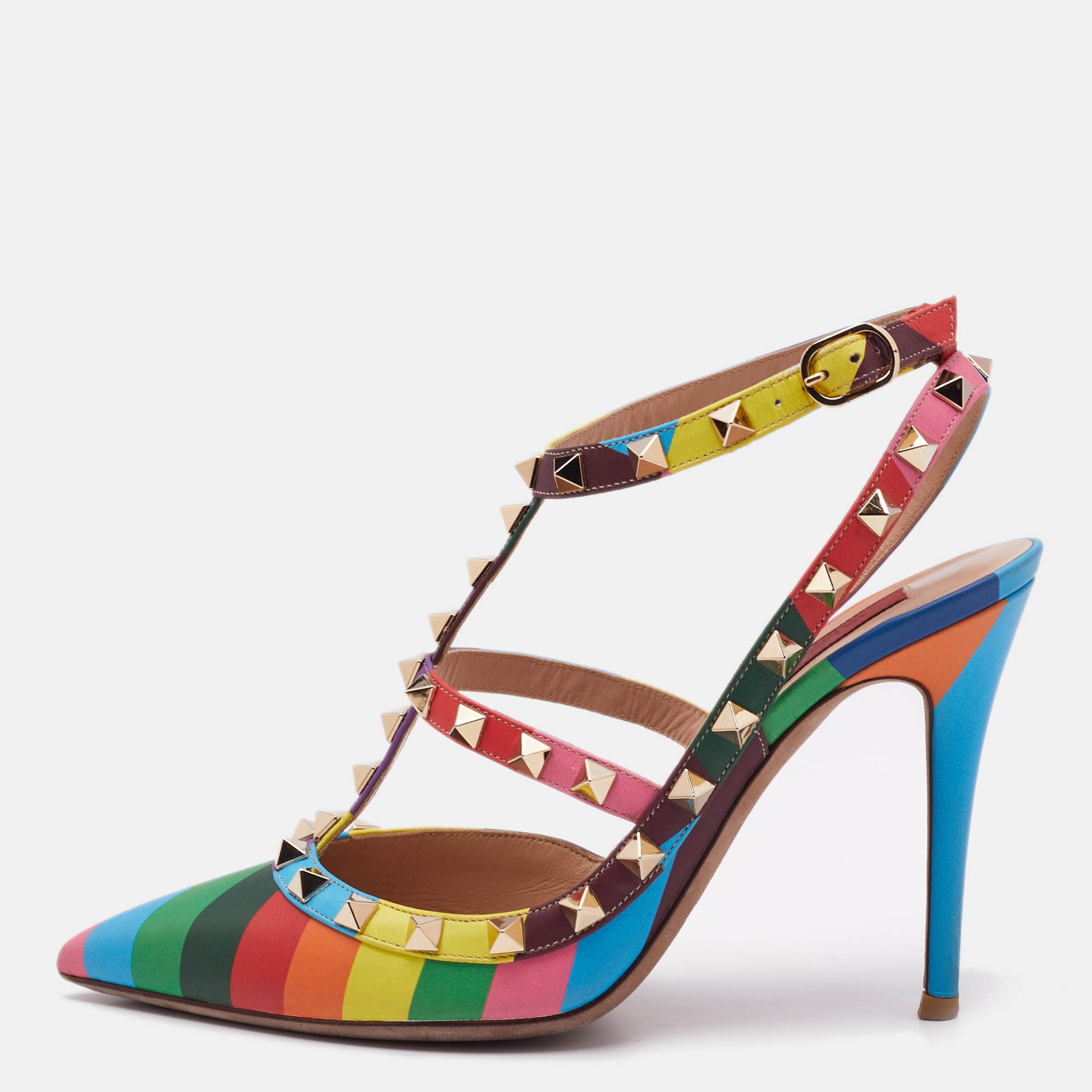 Valentino Multicolor Leather Striped Rockstud Ankle Strap Pumps Size 37, Pumps - Luxury Closet catalog