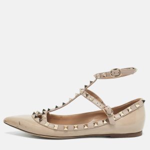 Valentino Beige Patent Leather Rockstud Caged Ankle Strap Ballet Flats Size 38.5, Flats - Luxury Closet catalog