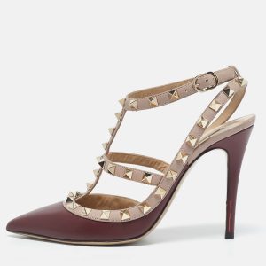 Valentino Burgundy /Beige Leather Rockstud Caged Pumps Size 37, Pumps - Luxury Closet catalog