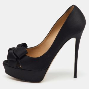 Valentino Black Satin Couture Bow Peep Toe Platform Pumps Size 38.5, Pumps - Luxury Closet catalog