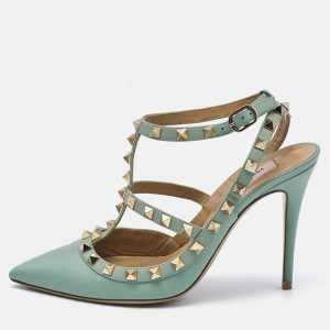 Valentino Light Green Leather Rockstud Ankle Strap Pumps Size 38.5, Pumps - Luxury Closet catalog