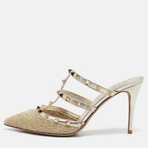 Valentino Gold Woven Lurex Fabric Rockstud Heel Mules Size 40.5, Sandals - Luxury Closet catalog