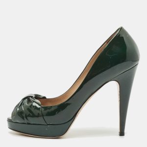 Valentino Green Patent Leather Knotted Bow Peep Toe Pumps Size 39.5, Pumps - Luxury Closet catalog