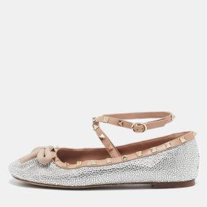 Valentino Beige/Silver Leather Crystal Embellished Rockstud Ballet Flats Size 39.5, Flats - Luxury Closet catalog