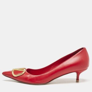 Valentino Red Leather VLogo Pointed Toe Pumps Size 37.5, Pumps - Luxury Closet catalog