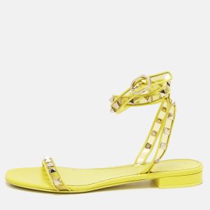 Valentino Yellow PVC and Leather Rockstud Ankle Strap Flat Sandals Size 39, Sandals - Luxury Closet catalog