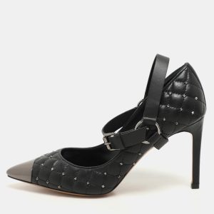 Valentino Black Quilted Leather Rockstud Spike Ankle Strap Cap Toe Pointed Pumps Size 36.5, Pumps - Luxury Closet catalog