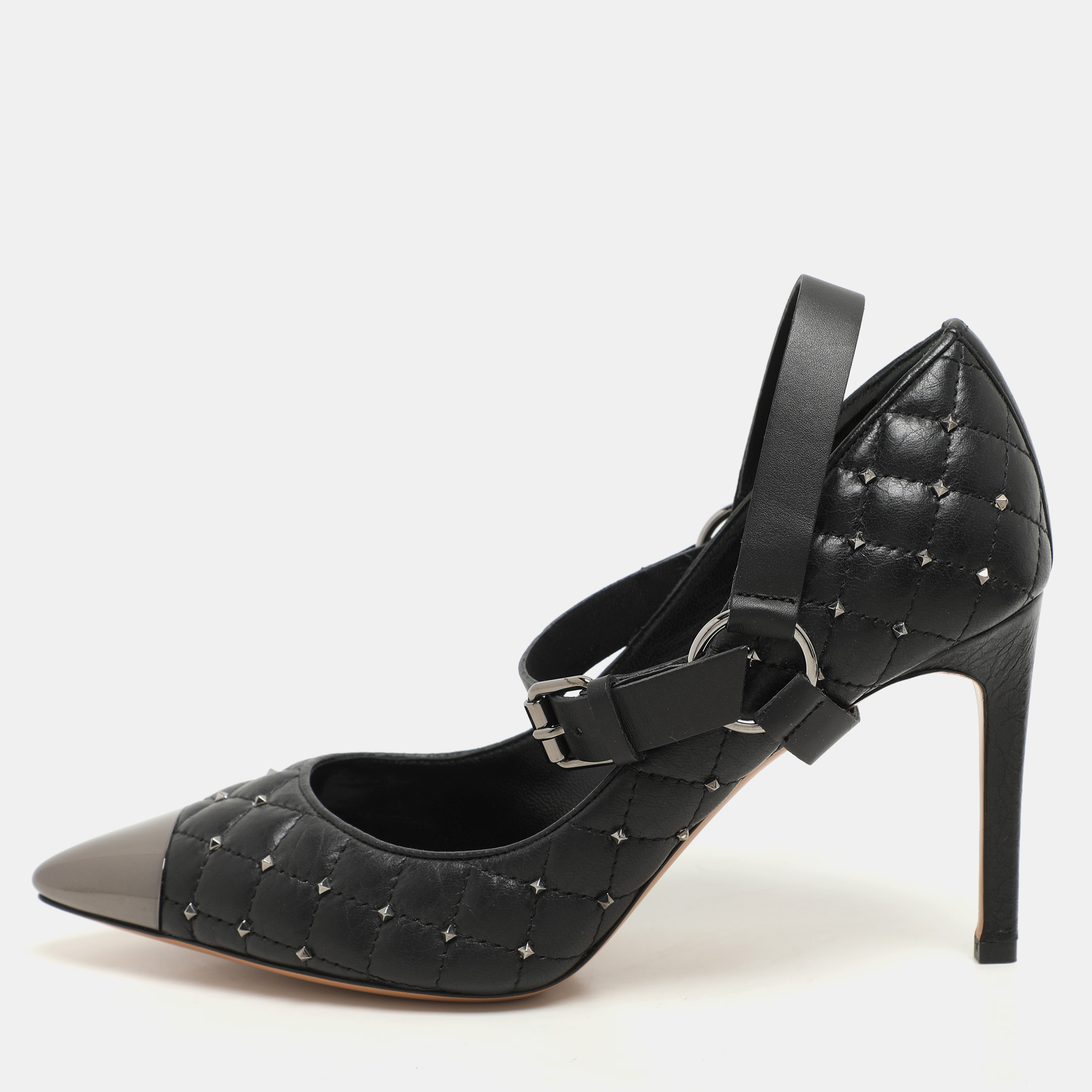 Valentino Black Quilted Leather Rockstud Spike Ankle Strap Cap Toe Pointed Pumps Size 36.5, Pumps - Luxury Closet catalog