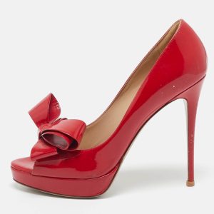Valentino Red Patent Leather Bow Peep Toe Pumps Size 38.5, Pumps - Luxury Closet catalog