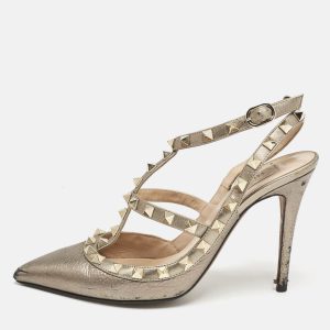Valentino Metallic Grey Leather Rockstud Caged Ankle Strap Pumps Size 37, Pumps - Luxury Closet catalog