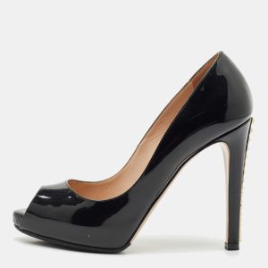 Valentino Black Patent Leather Rockstud Heel Peep Toe Pumps Size 37.5, Pumps - Luxury Closet catalog