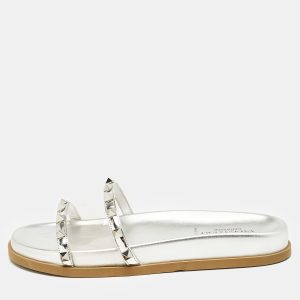 Valentino Silver Leather And PVC Rockstud Flat Slides Size 37, Sandals - Luxury Closet catalog