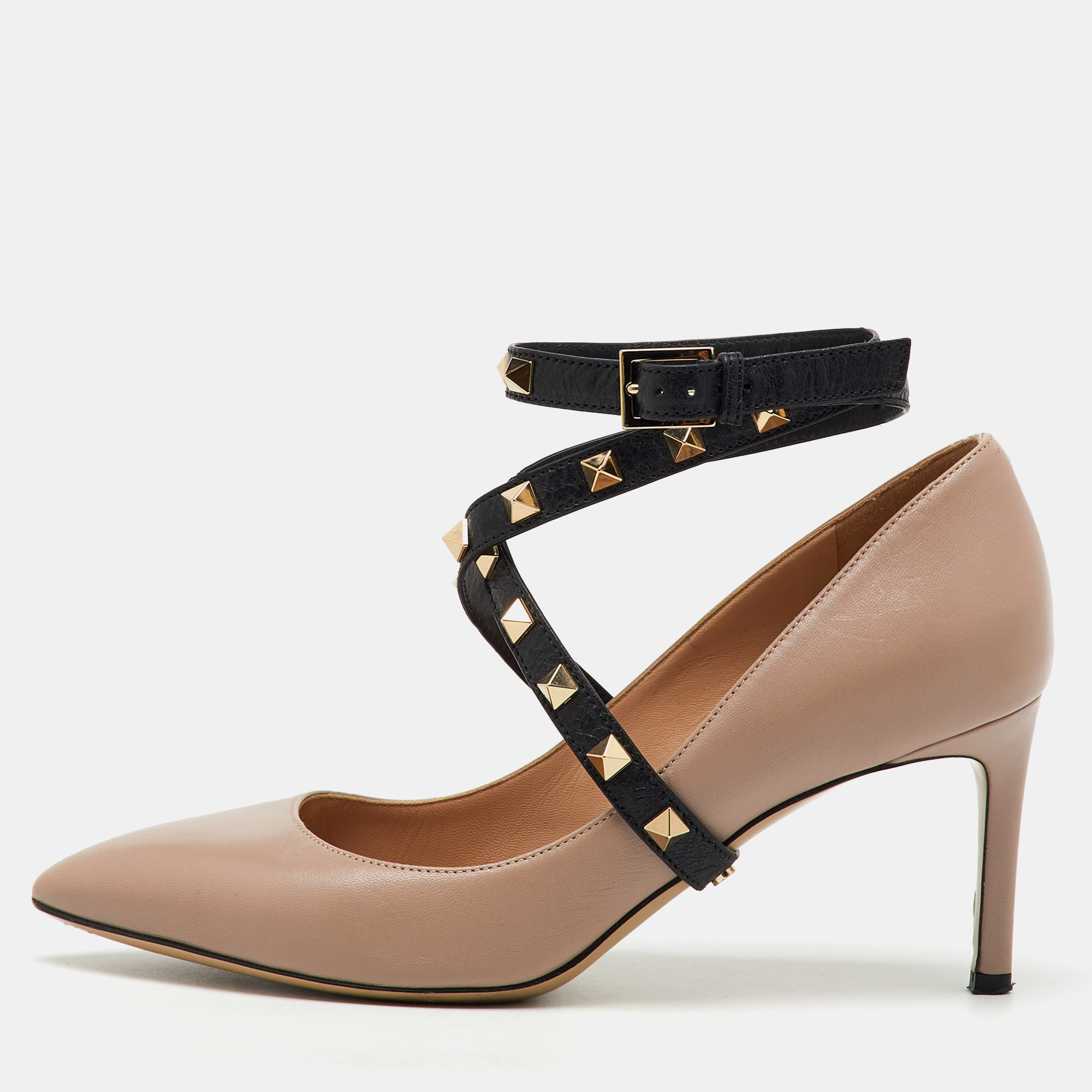Valentino Beige/Black Leather Rockstud Ankle Wrap Pointed Toe Pumps Size 36.5, Pumps - Luxury Closet catalog