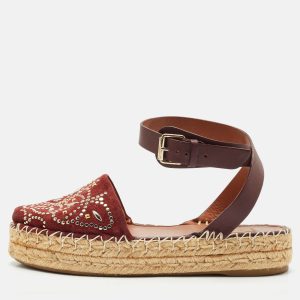 Valentino Burgundy Embellished Suede and Leather Ankle Strap Espadrille Flats Size 39, Flats - Luxury Closet catalog