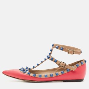 Valentino Pink/Beige Leather Rockstud Ankle Strap Ballet Flats Size 37, Flats - Luxury Closet catalog