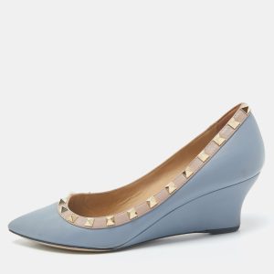 Valentino Blue  Leather Rockstud Pointed Toe Wedge Pumps Size 37.5, Pumps - Luxury Closet catalog