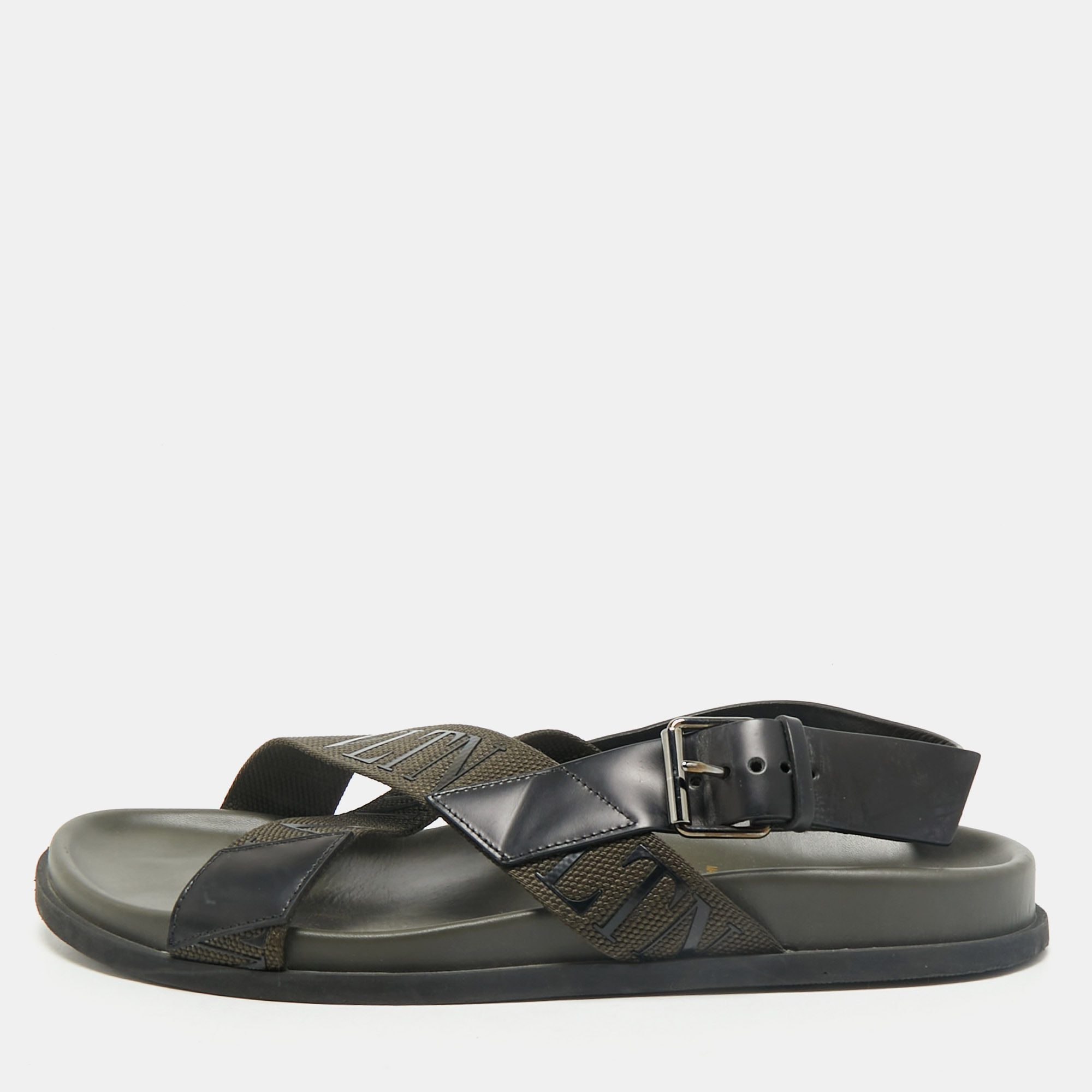 Valentino Black/Green Fabric and Leather VLTN Print Cross Strap Sandals Size 39, Sandals - Luxury Closet catalog