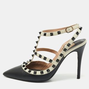 Valentino Black/White Leather Rockstud Ankle Strap Pumps Size 39, Pumps - Luxury Closet catalog
