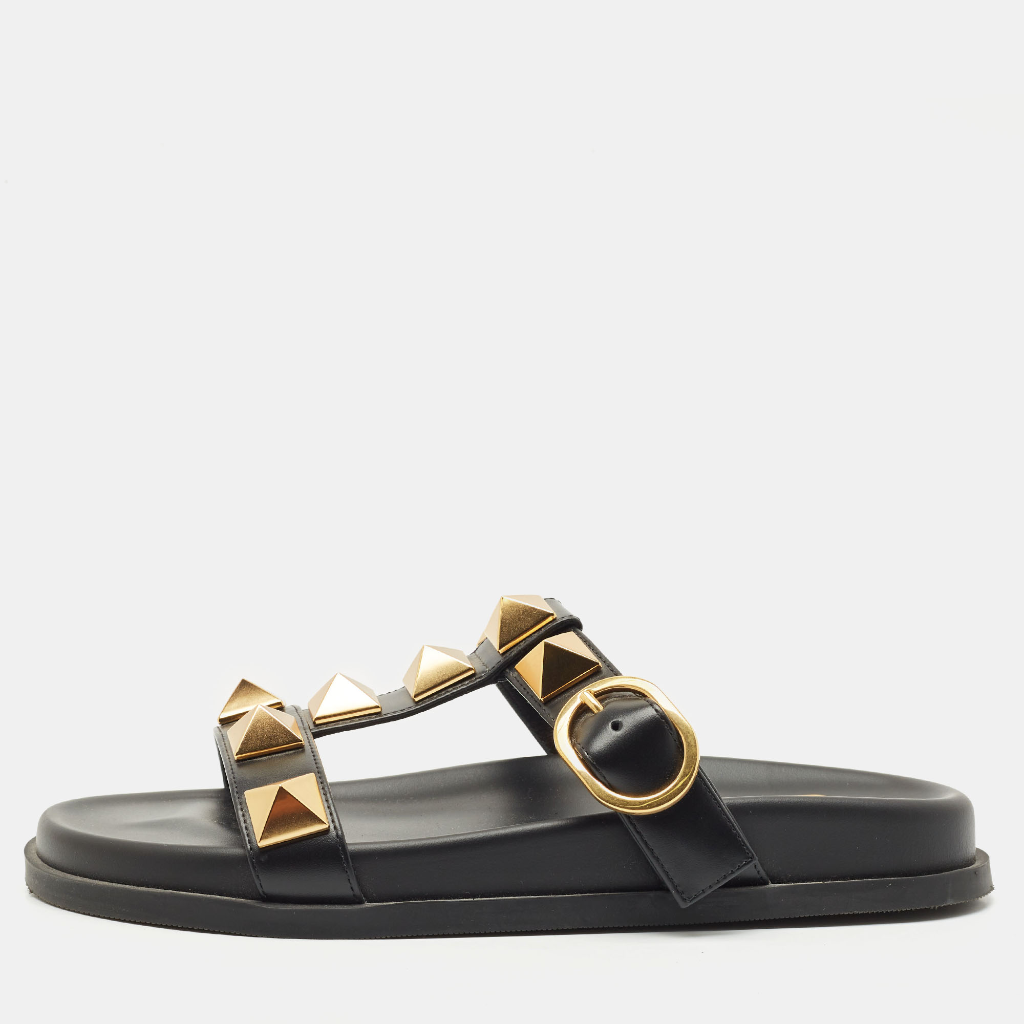Valentino Black Leather Roman Stud Flat Slide Sandals Size 36, Sandals - Luxury Closet catalog