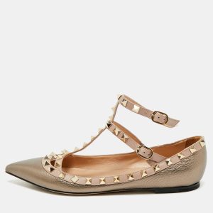 Valentino Metallic/Beige Leather Rockstud Caged Ankle Strap Ballet Flats Size 38.5, Flats - Luxury Closet catalog