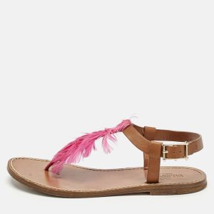 Valentino Brown/Pink Feather and Leather Flat Sandals Size 37, Sandals - Luxury Closet catalog