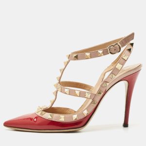 Valentino Red/Beige Patent Leather Rockstud Ankle Strap Pumps Size 36.5, Pumps - Luxury Closet catalog