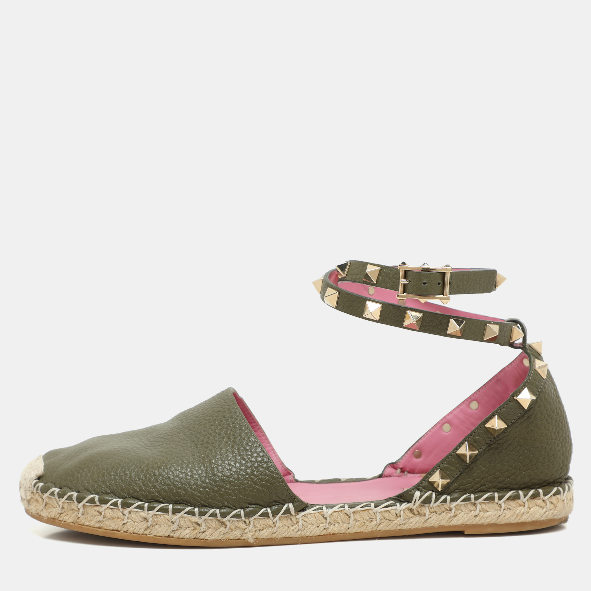 Valentino Olive Green Leather Rockstud Ankle Strap Espadrille Flats Size 40, Flats - Luxury Closet catalog